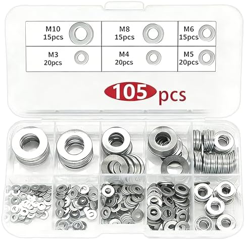 Flat Washers 105 Pcs Assortment, Multi-Size M3 to M10 Kit for Small Projects, Home Repair, Electronics, Furniture & Bicycle Maintenance Hardware Essentials