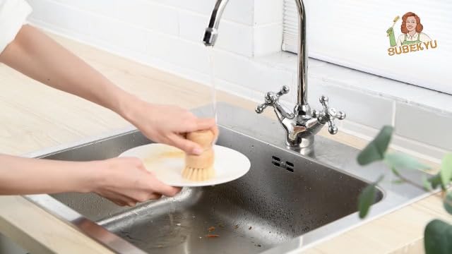 SUBEKYU Bamboo Dish Scrub Brush,Produce Brush,3 Pack with Ceramic Holder