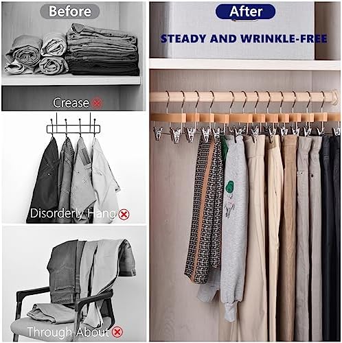 Amber Home 24 Pack Natural Wooden Pants Hangers with Adjustable Clips, 14"