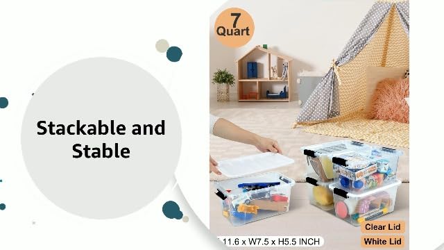 EOENVIVS Plastic Storage Bins with Lids 6 Pack, 7 Quart Storage Containers With Black Buckle Latch, Stackable Storage Organizers for Home Pantry Office Classroom Organization, Clear