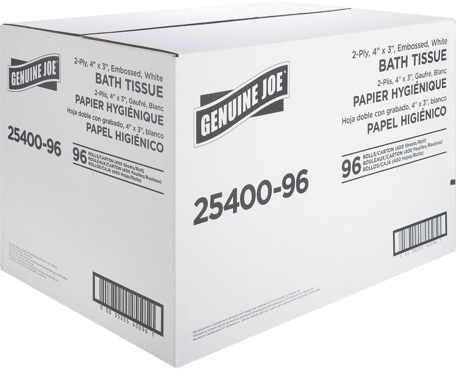 Genuine Joe Standard Bath Tissue, 3" x 4", 2-Ply, 400 Sheets/Roll, 96 Count