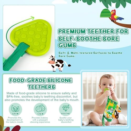 BBWOO Soft Baby Book Toy, Touch and Feel Sensory Crinkle Book with Teether