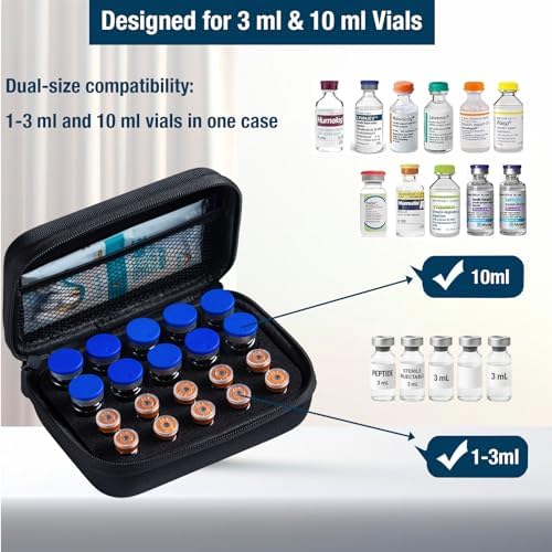 Peptide Case for Fridge, 20 Vials Holder, Fits 1ml 3ml 5ml 10ml Vials Storage, Not Fit Tall 10ml Vial,Diabetes Medication Organizer with Strap, Case Only, Black