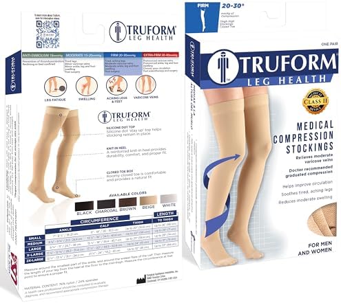 Truform 20-30 mmHg Compression Stockings for Men and Women, Thigh High Length, Dot Top, Closed Toe, Black, Medium