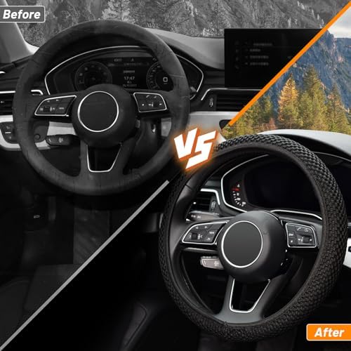 KAFEEK Elastic Stretch Steering Wheel Cover, Universal 15 Inch, Black