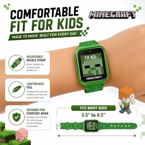 Minecraft Kids Smart Watch – Touchscreen Interactive Watch with 10 Customizable Clock Faces, Built-in Camera, Video Recorder, Alarm, Calculator, Games & Pedometer – Fits Wrists 5.5" to 8"
