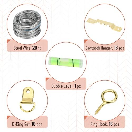 Mr. Pen- Picture Hanging Kit, 310 pcs, Gold, Assorted Hooks | Includes Nails, Sawtooth Hangers, D-Rings, Steel Wire, Ring Hooks, Home Wall Mount Hardware for Frames, Canvas, Décor