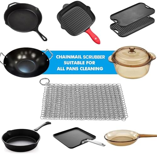 TOPULORS Cast Iron Chainmail Scrubber, 316L Stainless Steel Cleaner 8x6 in