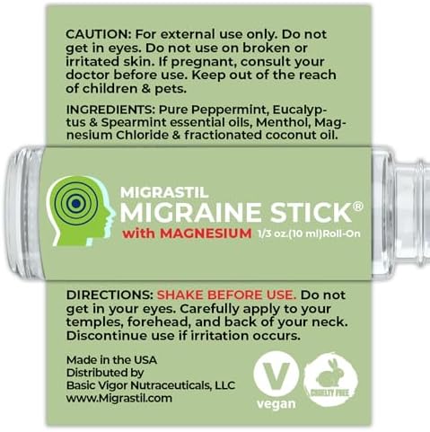 MIGRASTIL Migraine Stick with Magnesium. Cooling Peppermint Eucalyptus Essential Oil Topical Magnesium for Headache Support. Made in The USA 10 ml