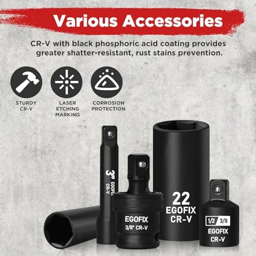 3/8" Drive Impact Socket Set, 50 Piece Standard SAE (5/16 to 3/4 inch) and Metric (8-22mm) 6 Point, with Adjustable Ratchet Handle, Extension Bars, Impact Universal Joint, Adapter, Cr-V Steel