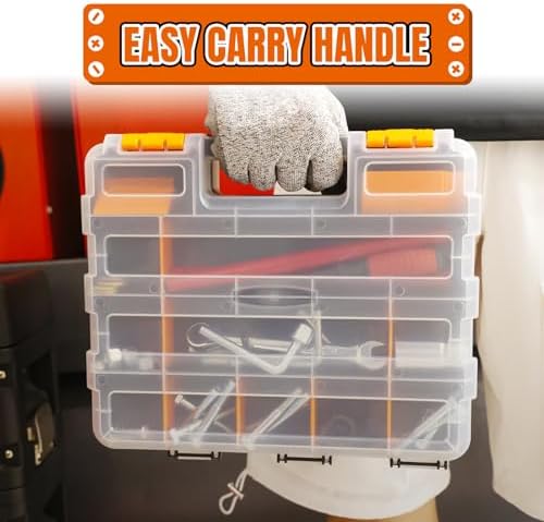 Jack Boss Tool Box with Transparent Lid, Double Side 34-Compartments Organizer Box with Removable Dividers for Hardware, Screws, Bolts, Nails, Beads, Jewelry and Fishing Accessories, Orange, 2 Pack
