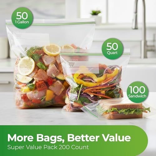 Baggies Variety Size Pack - 200 pcs, Leak Proof Freezer Bags