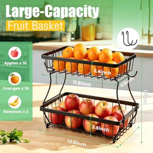 2-Tier Fruit Basket for Kitchen Counter with 2 Banana Hangers