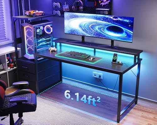 AODK Gaming Desk w/PC Showcase Stand, 59" Reversible, RGB LED