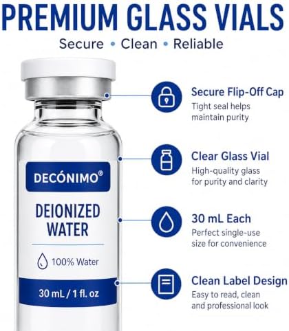 Deionized Water, 2 Pack 30 mL Glass Vials, 100% Pure Alcohol-Free