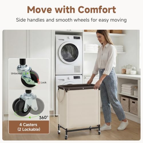StorageWorks 2 Section Laundry Hamper, 100L Beige Sorter Cart with Wheels