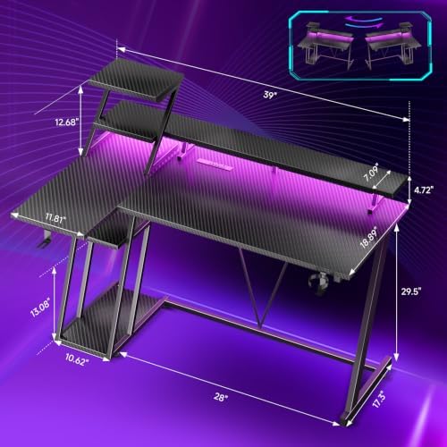 Korfile 40 Inch Gaming Desk with LED & Power Outlet, Carbon Fiber Black