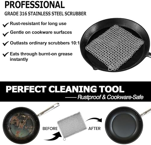 TOPULORS Cast Iron Chainmail Scrubber, 316L Stainless Steel Cleaner 8x6 in