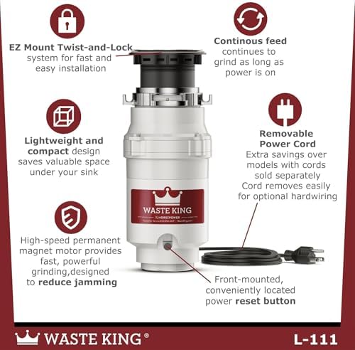 Waste King Garbage Disposal for Kitchen Sink with Power Cord, Compact Food Waste Disposer, L-111