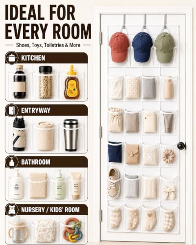 Over-the-Door Shoe Organizer with 24 Crystal Clear Pockets, White