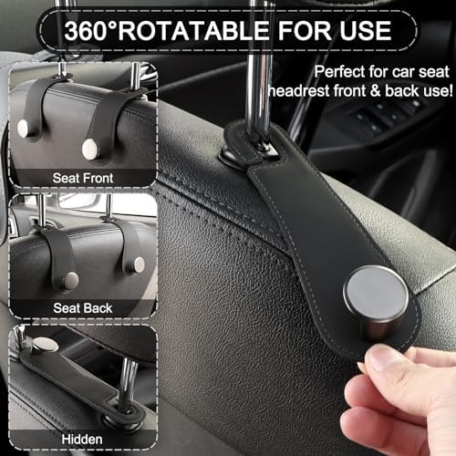 2 Pack Car Headrest Hooks Leather & Alloy Car Seat Storage Hangers, Black