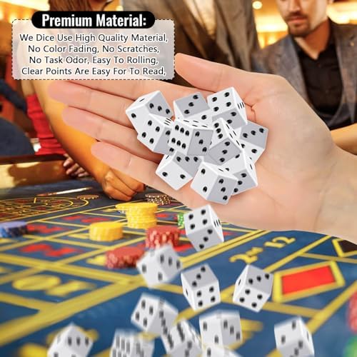 Rerdeim 60 Pieces Standard Dice, 16mm Bulk White Opaque Black Pips Six Sided Dice Set, for Rolling, Group Event, Board Games, Classroom Math