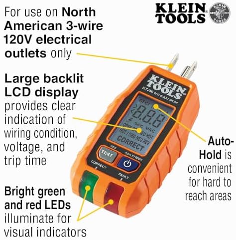 Klein Tools RT250 GFCI Outlet Tester with LCD Display, Electric Voltage Tester for Standard 3-Wire 120V Electrical Receptacles