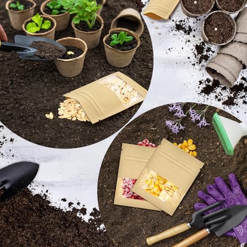 100 Pcs Small Resealable Seed Envelopes, Mini Kraft Bags with Window, 2.7"x3.5" Seed Packets Empty, Coffee Sample Bags, Food Spice Storage Bag
