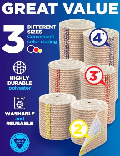 Premium Elastic Bandage Wrap - 6pack (2x2in, 2x3in, 2x4in) - Self-Closing