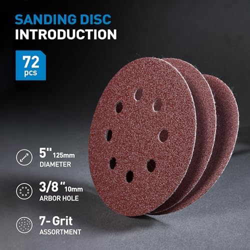 S SATC 72 PCS 5 Inch 8 Hole Hook and Loop Adhesive Sanding Discs Sandpaper for Random Orbital Sander 40 60 80 120 180 240 320 Grits