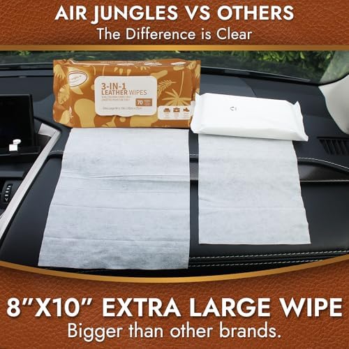 Air Jungles 3in1 Leather Cleaner Wipes 70 Count, Extra Large 8" x 10" Size