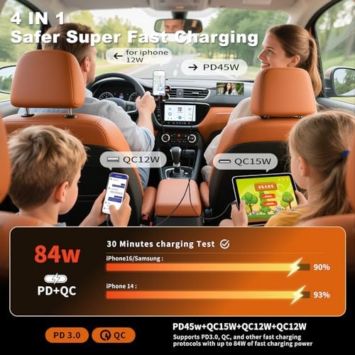 84W Retractable Car Charger, 4-in-1 Car Charger USB C Fast Charge Adapter