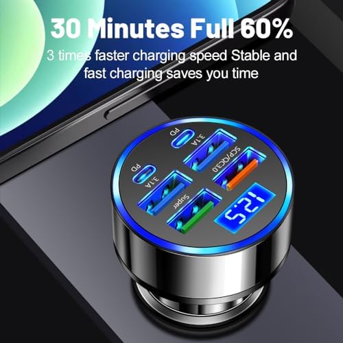 USB C Car Charger Adapter with Voltmeter Compatible with iPhone, Super+ QC3.0 6 in 1 Multi-Port Super Fast Charging Cigarette Lighter USB Charger for Android, Samsung