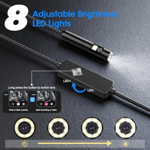 Endoscope with Light, 1920P HD Borescope with 8 Adjustable LED Lights, Semi-Rigid Snake Camera, IP67 Waterproof Inspection Tool (16.4ft, Black + Dual Lens Wiring Harness)