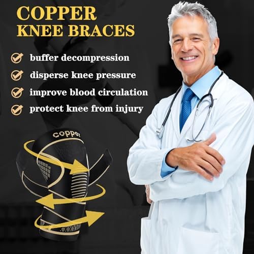 Copper Knee Support Braces with Straps for Men & Women (2 Pack, Medium)