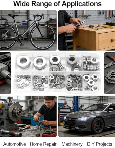 Flat Washers 105 Pcs Assortment, Multi-Size M3 to M10 Kit for Small Projects, Home Repair, Electronics, Furniture & Bicycle Maintenance Hardware Essentials