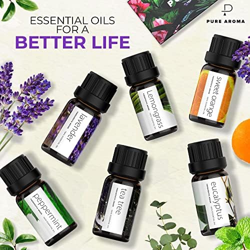 Essential Oils Set by Pure Aroma - Top 6 Aromatherapy Oils Gift Set-6 Pack, 10ml (Eucalyptus, Lavender, Lemongrass, Sweet Orange, Peppermint, Tea Tree)
