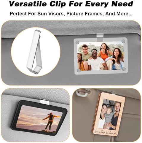 4 Pack Car Sun Visor Photo Clips, Stainless Steel Sun Visor Clips for Car with Adhesive Clip Mounting Kit for Custom Displays (Photo Frames Not Included), Strong Hold Accessory for Cars, Home & Office