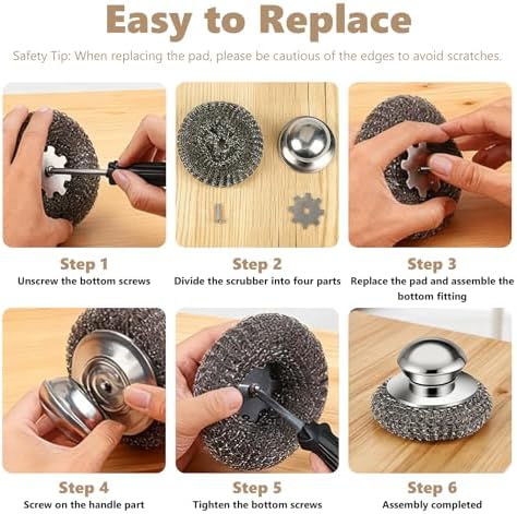 Steel Wool Scrubber, 4-Pack Stainless Steel Scrubber Pads with Handle - The Ultimate Scouring Solution for Rust, Stubborn Messes on Cookware, Grill, Oven & Kitchen Sinks