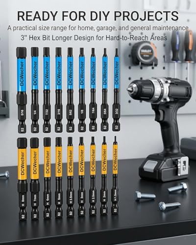 DCWecher 3-Inch Impact Hex Bit Set, 20PCS Long Allen Wrench Drill Bit Set