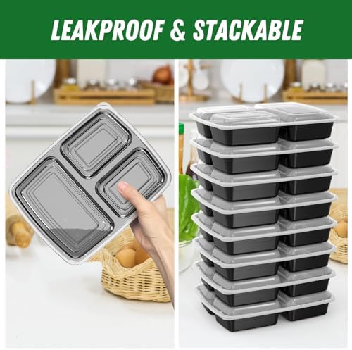Dealusy 50 Pack 32 oz Meal Prep Containers with Lids 3-Compartment, Black