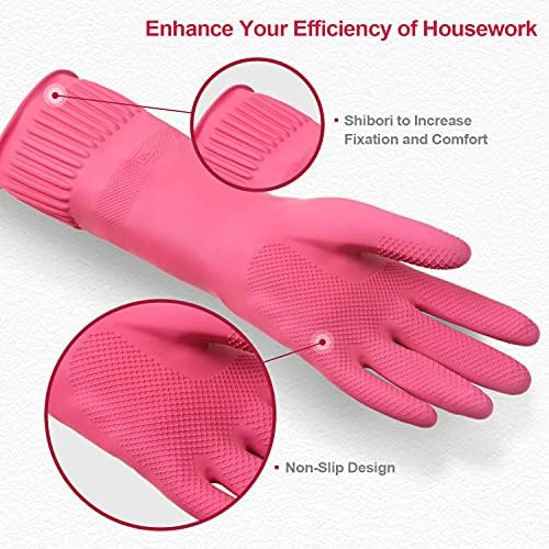 Mamison Rubber Dishwashing Gloves, Non-Slip Kitchen, Pink Medium, 2 Pairs