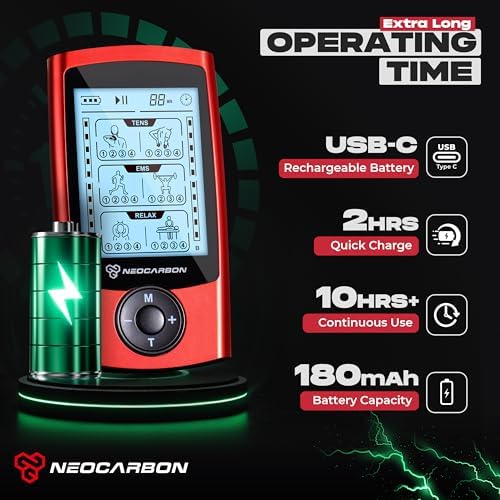 NEOCARBON TENS Unit Muscle Stimulator, Pulse Massager Machine, Red