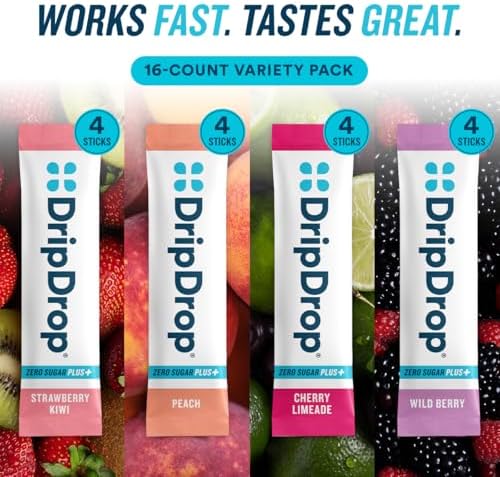 DripDrop Hydration Zero Sugar Plus Electrolyte Packets, Variety Pack, 16 Ct