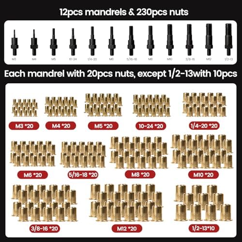 Rivet Nut Tool Kit, 16" Rivnut Tool with 12 Mandrels & 230pcs Rivet Nuts