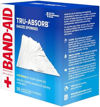 BAND-AID Brand Tru-Absorb Gauze Sponges, Large Size, 4 in x 4 in, 50 Count