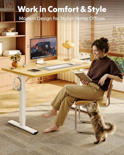 FLEXISPOT EN1 One-Piece Standing Desk, Electric Adjustable with 4 Memory Presets, 176 LBS Capacity, Stable & Quiet, Seamless Desktop for Home Office & Dual Monitors, 48"x24" Maple(White Frame)