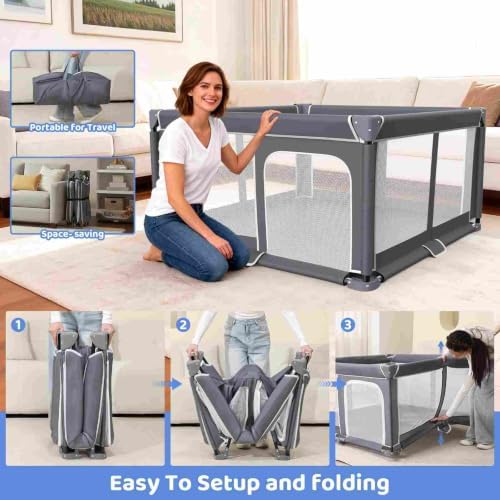 Foldable Baby Playpen Portable Travel Play Yard, Dark Gray