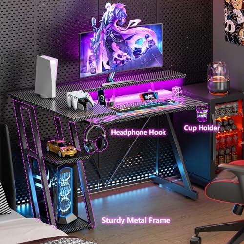 Korfile 40 Inch Gaming Desk with Power Outlet, LED, Carbon Fiber Black