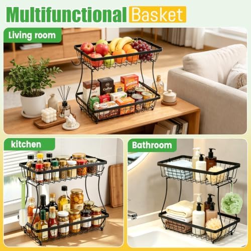 2-Tier Fruit Basket for Kitchen Counter with 2 Banana Hangers